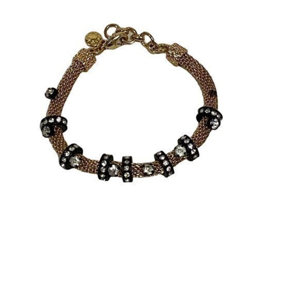 J. Crew Gold Tone Mesh Bracelet w/Black and Clear Rhinestones‎